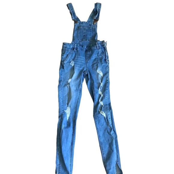 Dollhouse Size 1 overalls jeans denim waist 25 length 29 distressed with flaw - Picture 1 of 6